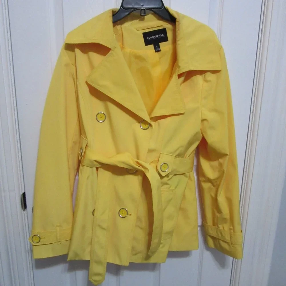 London Fog Yellow Double Breasted Belted Collared Trench Coat Size L Women's - Picture 4 of 13